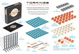 Shown here: All the components of the TorKings Super Tactile edition game unit. including: 1. High quality  baril labled game box, instructions, 8 silver columns, 2 outer game skins, 2 token magazines, 26 orange (tactile differentiated) Orb tokens, 26 White Orb tokens, 4 Orange King tokens, 4 White King tokens, 2 Orange Delta tokens, 2 white Delta tokens, latch beam and latch ends and milti board adapter pieces to join your game board to other game board for team play with family and friends.